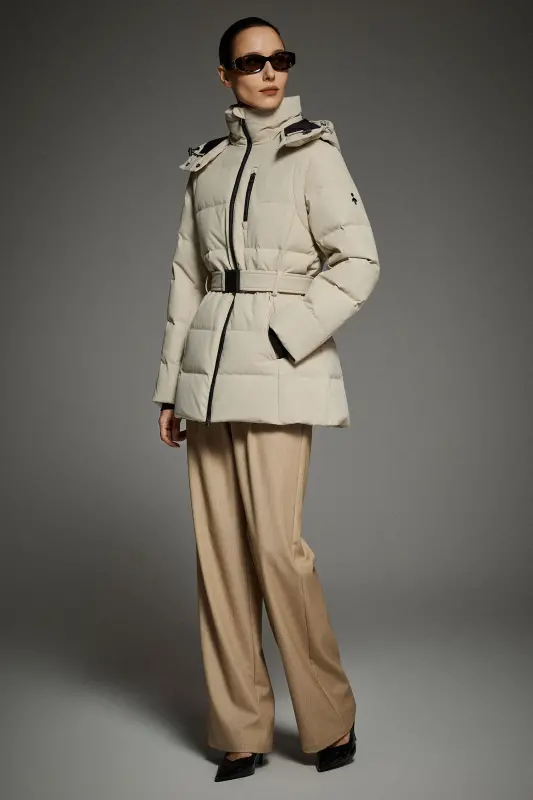 Celeste Polished Edge Belted Hooded Down Jacket