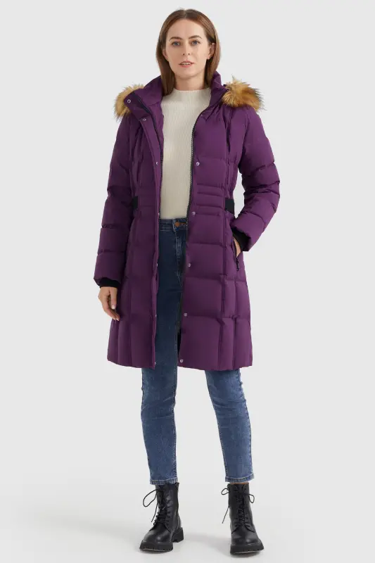 Solid Faux Fur Trim Hood Puffer Down Coat